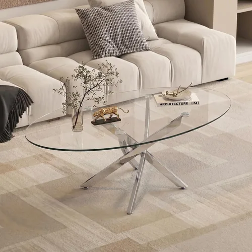 Vista 12 de Henf Oval Glass Coffee Table, 39.4'' Transparent Top, Black Metal Legs