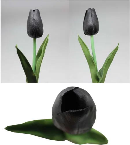 Vista 3 de Flores artificiales, 10 cabezas, mini tulipán artificial de tacto real para decoración del hogar, boda, fiesta, centro de mesa (negro)