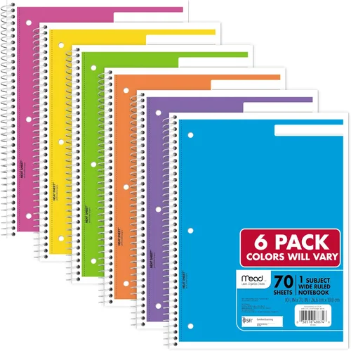 Vista 7 de Mead 930050-ECM - Cuaderno de espiral, paquete de 6, 1 materia, papel rayado ancho, 7-1/2 x 10-1/2 pulgadas, 70 hojas por cuaderno, colores pastel