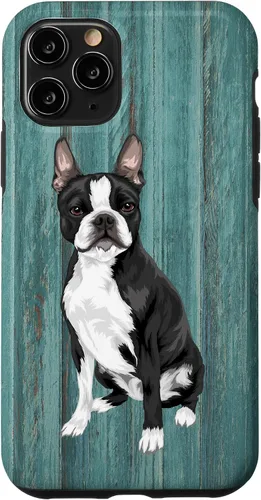 Vista 29 de Boston Terrier Faux Blue Wood Background Case for iPhone 17