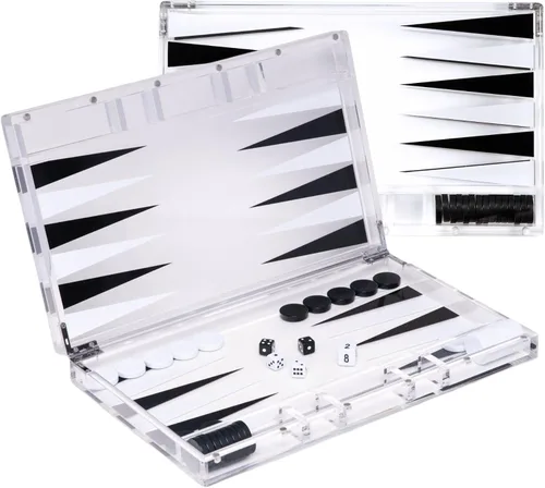 Vista 8 de Bey-Berk Damien - Juego de backgammon de acrílico, estuche de Lucite negro de 14 pulgadas con cierre magnético y piezas de juego completas, elegante