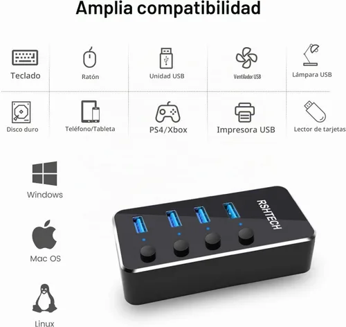 Vista 5 de RSHTECH - Concentrador USB 3.0 de 4 puertos alimentado, divisor de concentrador de datos USB de aluminio portátil con interruptor individual
