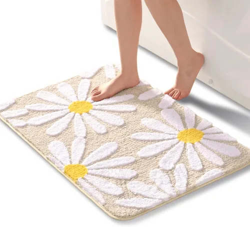 Vista 10 de QJHOMO Alfombra de baño beige con diseño de margaritas, decoración de flores blancas y amarillas, alfombra antideslizante de microfibra, súper