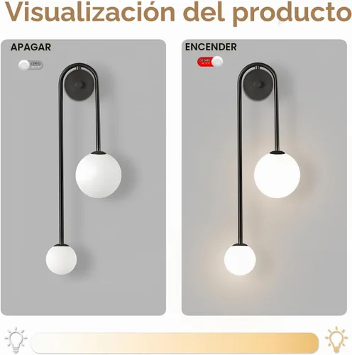 Vista 3 de Lámpara de Pared Moderna con Globo de Vidrio de 2 Luces, Aplique de Pared de Latón Doblemente Cepillado, Iluminación de Mediados de Siglo, Lámpara