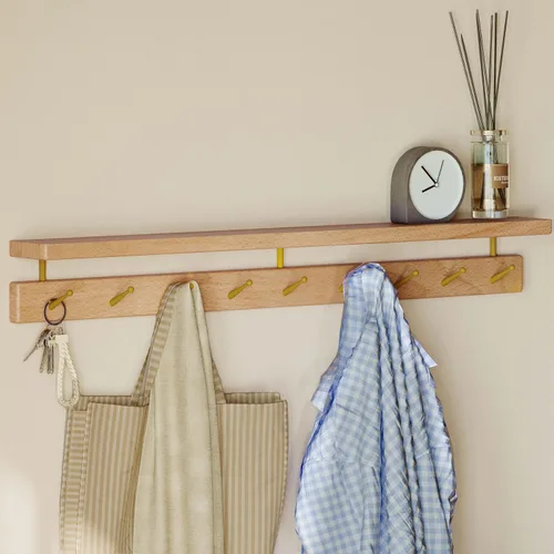 Vista 15 de Ganchos de pared de madera maciza con estante, perchero de pared, estante colgante de entrada con 6 ganchos de latón para sombreros, ropa, toallas
