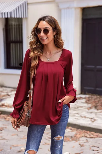 Vista 2 de Zeagoo Camisas de manga larga para mujer, cuello cuadrado, plisadas, blusas de moda de ajuste holgado, tallas S-2XL