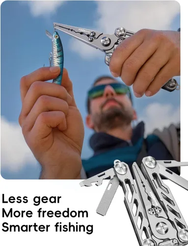 Vista 2 de HOOK-EZE Alicates de pesca plegables, multiherramienta 5 en 1 resistente al agua salada con cortadores de línea de tungsteno, removedor de ganchos