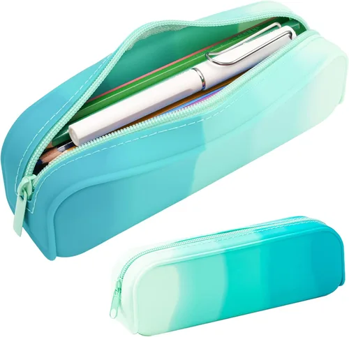 Vista 10 de minimaliving Estuche para lápices, colorido de silicona impermeable, bolsa estética, ligera y portátil, elegante y pequeña bolsa de oficina