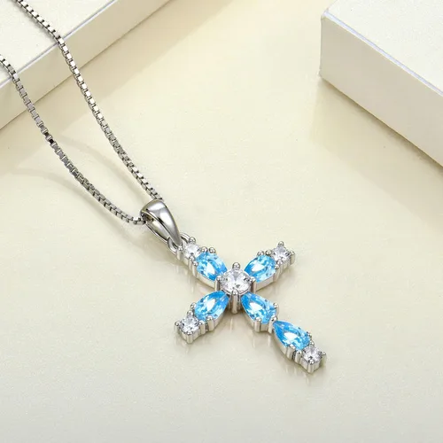 Vista 65 de YL Collar de cruz de plata de ley 925 con colgante de piedra natal religiosa para mujer