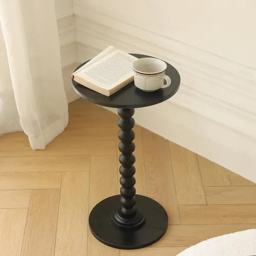 Vista 2 de Fultyle Mesa auxiliar redonda, mesa pequeña para bebidas para espacios pequeños, mesa auxiliar moderna con patas de madera maciza para sala de Negro