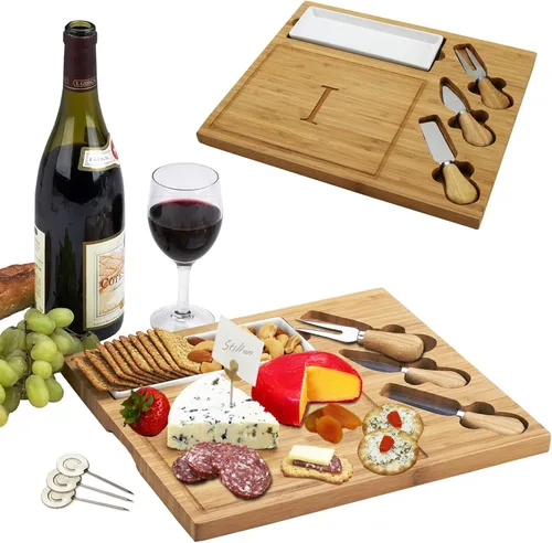 Vista 11 de Picnic at Ascot - Tabla de quesos de bambú grabada, personalizada, con 3 cuchillos de queso, plato de cerámica y marcadores de queso, diseño