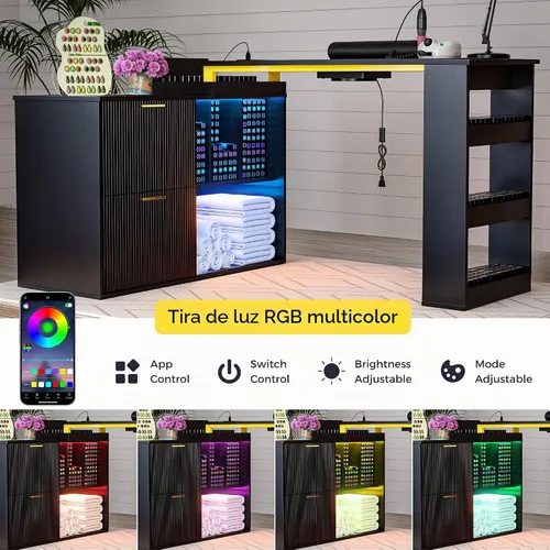 Vista 2 de Mesa de manicura con luz LED, mesa de uñas en forma de L con colector de polvo y tomas de corriente, estación de uñas de esquina de longitud