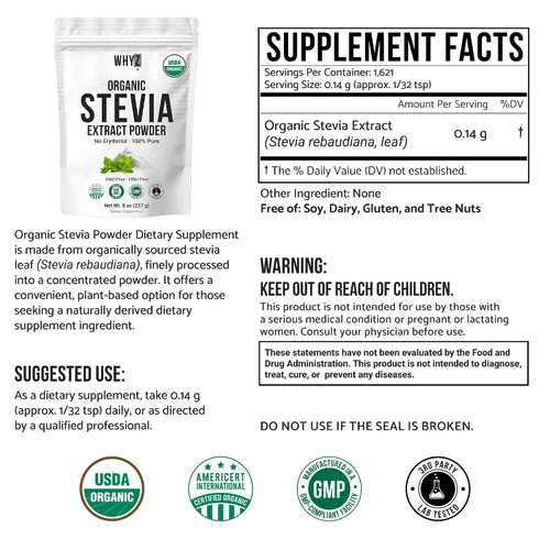 Vista 2 de Polvo de stevia orgánico, 8.01 oz, edulcorante puro de stevia sin calorías para bebidas, polvo para hornear y bebidas, sin regusto, sin OMG