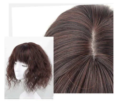 Vista 3 de LXUE Toppers de pelo sintético rizado con flequillo para mujeres con cabello delgado, piezas de cabello con clip de 14 pulgadas, marrón oscuro