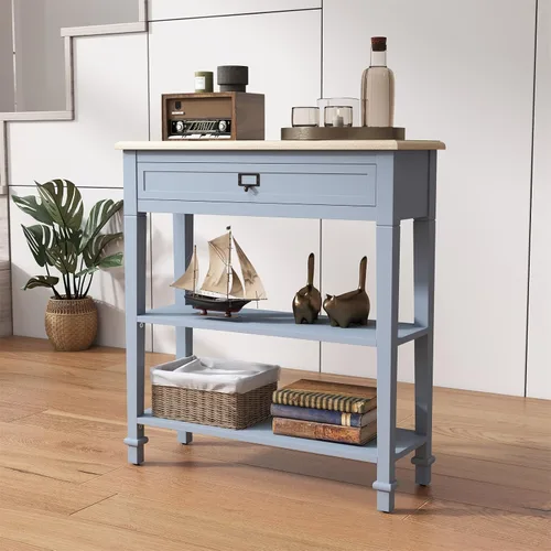 Vista 13 de kinbor Accent - Mesa consola blanca con cajón y estante, mesa de sofá de madera con almacenamiento para entrada, pasillo, sala de estar
