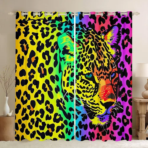 Vista 15 de Feelyou Cortinas de ventana de leopardo para decoración de dormitorio, cortina de guepardo africano, diseño de leopardo arcoíris, cortinas de Multi