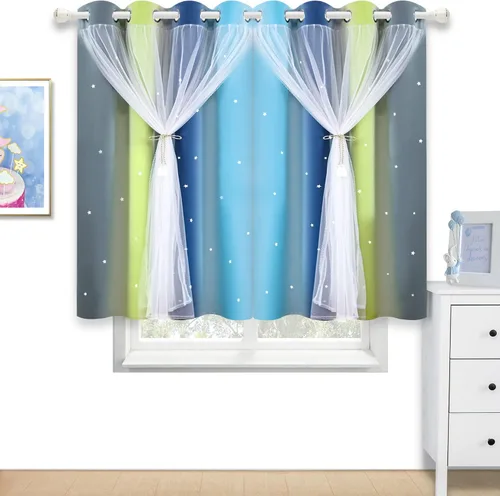 Vista 22 de Cortinas de rayas de estrellas para dormitorio de niñas, cortinas huecas para ventana, cortinas de ventana con ojales, cortinas coloridas degradadas