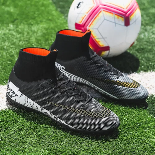 Vista 5 de Botas de fútbol para hombre con tacos altos con cordones, para interiores, firmes, para entrenamiento de césped y fútbol sala