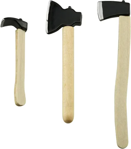 Vista 4 de Tegg Mini hacha 3 piezas de mango de madera en miniatura de metal hacha de hacha de metal para casa de muñecas al aire libre, accesorios de jardín