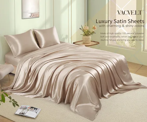 Vista 3 de VACVELT Juego de 3 sábanas de satén color beige tamaño individual, juego de ropa de cama, sábana bajera de satén sedoso con bolsillo profundo de 15