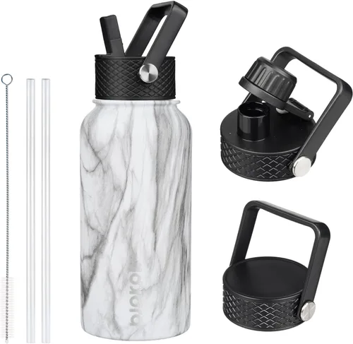Vista 40 de BJPKPK Botellas de Agua Aisladas con Tapa de Pajita, Botella de Agua de Acero Inoxidable de 18oz, Termo Frío Caliente con 3 Tapas, Vaso de Viaje a