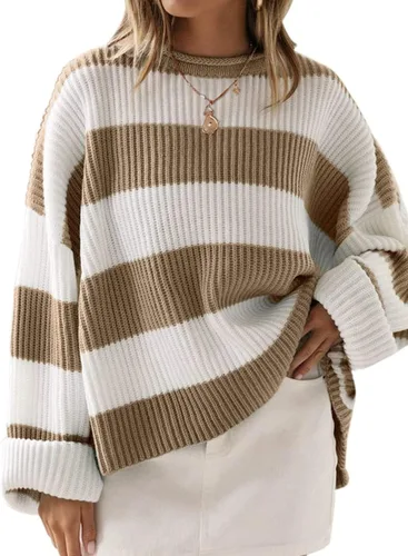 Vista 8 de ZESICA Suéter de manga larga con cuello redondo, bloque de color a rayas, holgado y cómodo, tejido de punto para mujer, otoño 2026 Rayas negras