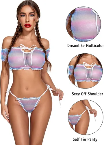 Vista 122 de Avidlove - Conjunto de brasier y braga con volantes, conjunto de lencería tipo babydoll de malla