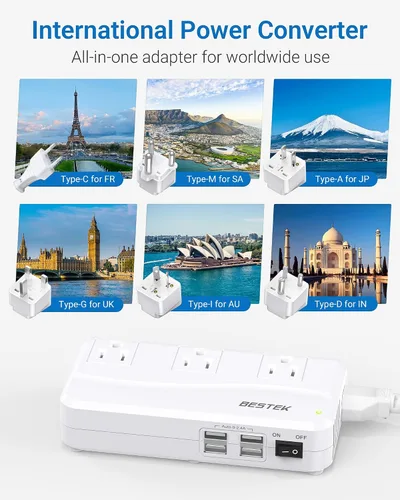 Vista 2 de BESTEK Convertidor de voltaje de 220 V a 110 V, convertidor de EE. UU. a Europa con 4 USB, convertidor de corriente de 250 W para viajes europeos