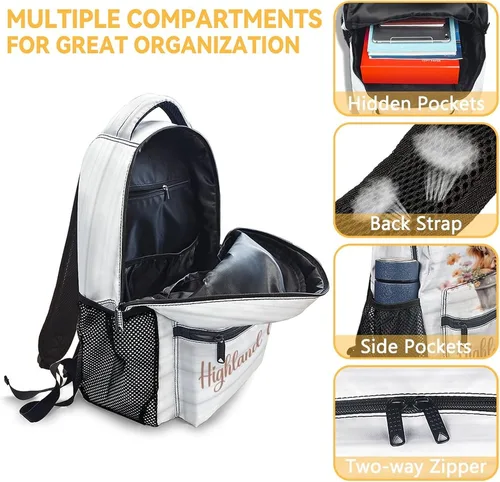 Vista 6 de Highland Cow - Mochila con lonchera, juego de 3 mochilas escolares a juego, bonita mochila blanca y estuche para lápices