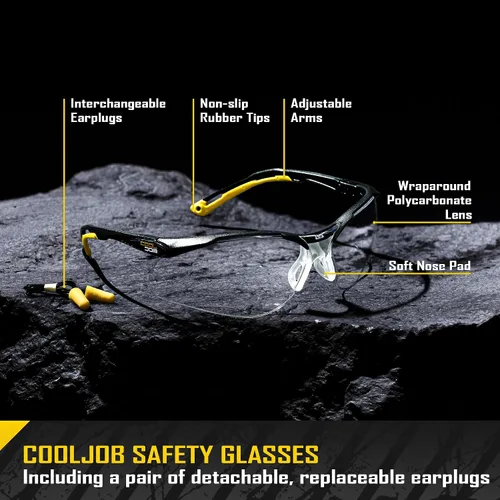 Vista 2 de COOLJOB Gafas de seguridad antivaho con lente transparente antiarañazos, ANSI Z87.1. Gafas de protección contra impactos y UV con tapones de oído