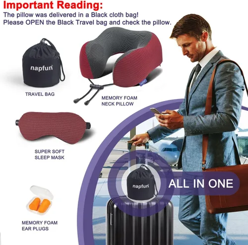Vista 6 de napfun Almohada de cuello para viajes con bolsa de viaje, máscara de sueño y tapones para los oídos, almohada de espuma viscoelástica para dormir