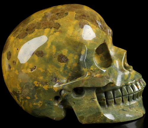 Vista 4 de Skullis Calavera de cristal de jaspe oceánico, escultura de arte fino de piedras preciosas talladas a mano, estatua de piedra curativa de Reiki.3208