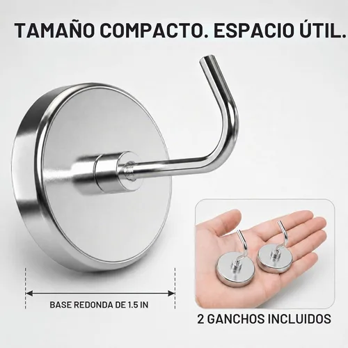 Vista 4 de PRIMADA Ganchos magnéticos extra fuertes (paquete de 2, cromado) – Ganchos magnéticos de neodimio resistentes para refrigerador, cabinas