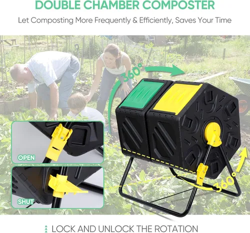 Vista 4 de JupiterForce Contenedores de compostaje de doble cámara, vaso giratorio de compost con 2 puertas correderas para jardines al aire libre, para todas