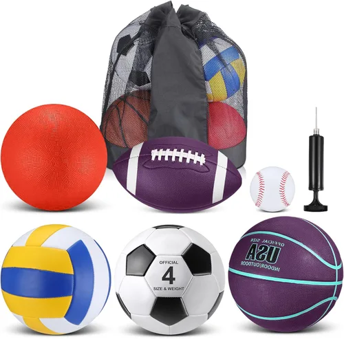 Vista 7 de Realspring Juego de 6 pelotas deportivas múltiples para niños y adolescentes, tamaño oficial, fútbol, voleibol, pelota de juegos infantiles, béisbol