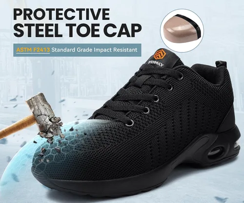 Vista 5 de FENLERN - Zapatos con punta de acero para mujer, tenis de seguridad ligeros con amortiguación de aire, zapatos de trabajo resistentes, fáciles
