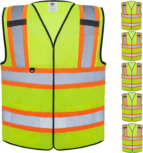 Vista 9 de Dazonity Chaleco de seguridad con múltiples bolsillos, 2 piezas, reflectante y de alta visibilidad para el trabajo, construcción, estacionamiento
