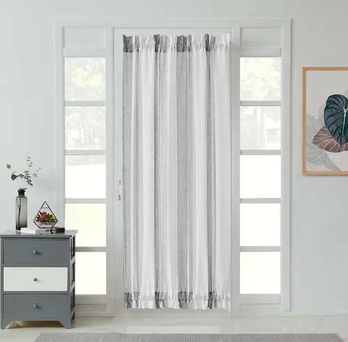 Vista 23 de Central Park Cortinas Transparentes de Rayas Beige y Blancas Estilo Granja de Lino Bouclé, Pares de Paneles de Cortina de Ventana Tejidos con Hilo