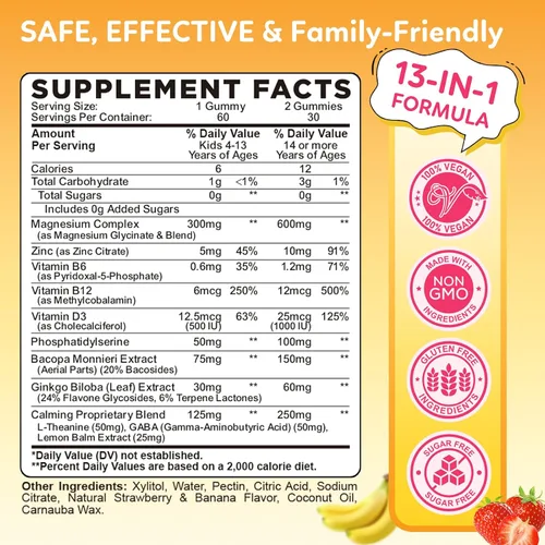 Vista 2 de Gomitas de glicinato de magnesio para niños, con L-teanina, Ashwagandha, vitamina D3 K2, magnesio para niños, para dormir, calma, muscular
