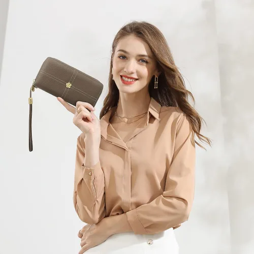 Vista 5 de Cartera de mujer con bloqueo RFID, cartera de piel auténtica, cartera de gran capacidad para mujeres con múltiples tarjeteros y compartimento