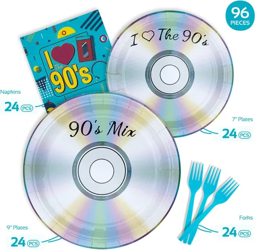 Vista 2 de Vajilla para decoración de fiestas temáticas de los años 90, suministros retro para fiestas de cumpleaños de los 90, incluye platos, tenedores