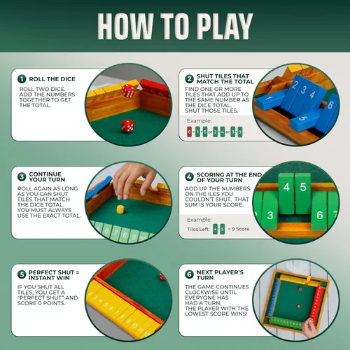 Vista 3 de Shut The Box Game Tablero de madera para 4 jugadores, juego de 14 pulgadas, 12 números para adultos y niños, ideal para noche