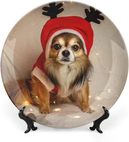 Vista 11 de Platos decorativos de Navidad para exhibición, Bulldog con sombrero de Papá Noel, divertidos platos de pared de cerámica de animales, platos