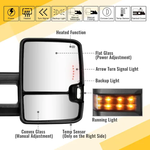 Vista 2 de Espejos de remolque negros para Chevy Silverado GMC Sierra 2014-2018 Turn Signal Backup Lamp Running Light Temp Sensor Heated Power Glass Manual