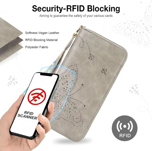 Vista 6 de Cartera RFID para mujer, cartera de gran capacidad con mariposa, cartera de teléfono celular, carteras de mano para mujer, carteras de pulsera