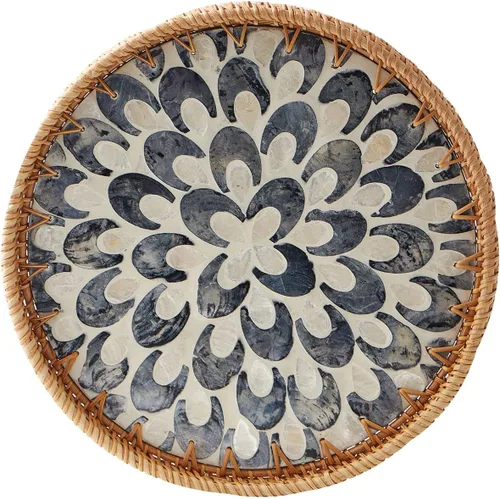 Vista 8 de Kmelep Bandeja redonda de ratán con incrustaciones de madreperla, bandeja de ratán con base de madera, cesta decorativa de mimbre para decoración