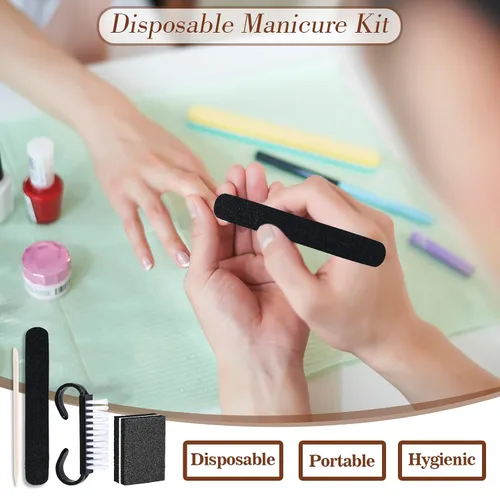 Vista 3 de 20 juegos de kit de manicura desechable básico de 4 piezas para viajes, cepillo de agarre, mini pulidor de uñas, lima de uñas y palo de madera