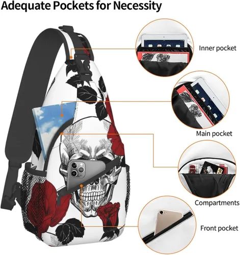 Vista 4 de Bandolera cruzada de girasol y bandera estadounidense para mujeres y hombres, bolsa de viaje para senderismo, bolsa de pecho, Rose and Skull
