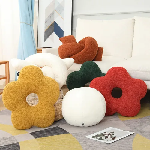 Vista 4 de Estilo nórdico. Almohadas en forma de flor y bola. Cojines de sofá. Almohada de felpa (bola marrón, 13.0 in)