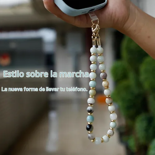 Vista 7 de Correa de muñeca con cuentas de mármol para mujer, diseño desmontable 304 Steel Core, detachable phone wristlet with tether tab, keeps your phone